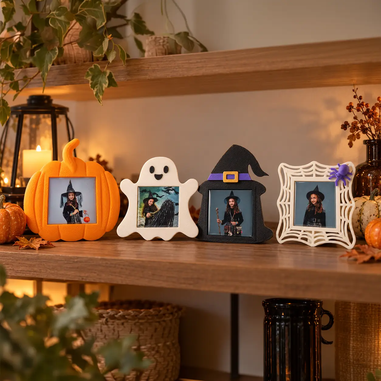 Los cuatro marcos de Halloween colocados de pie en una estantería