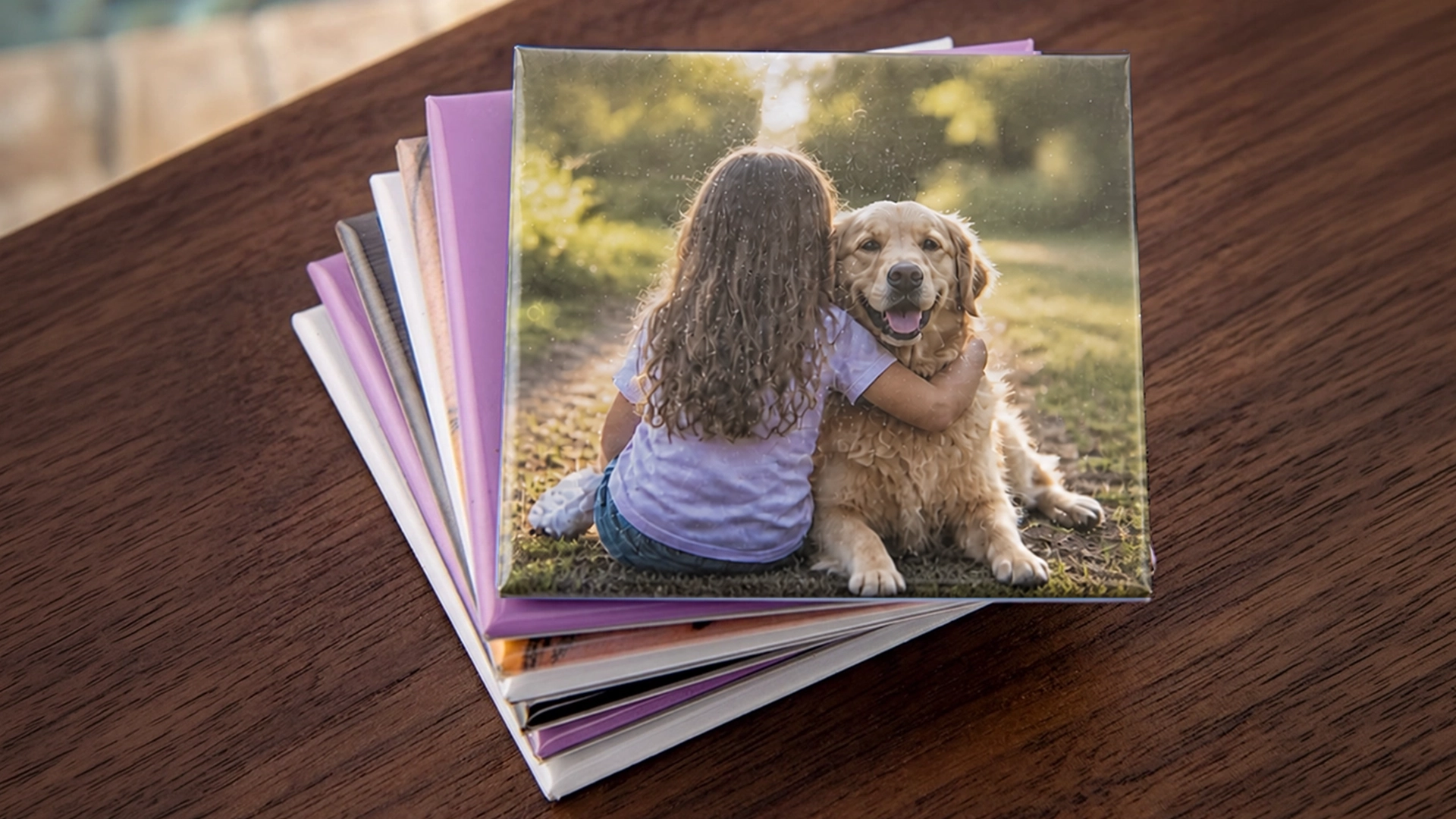 Colección de imanes personalizados con la foto de una niña y su perro