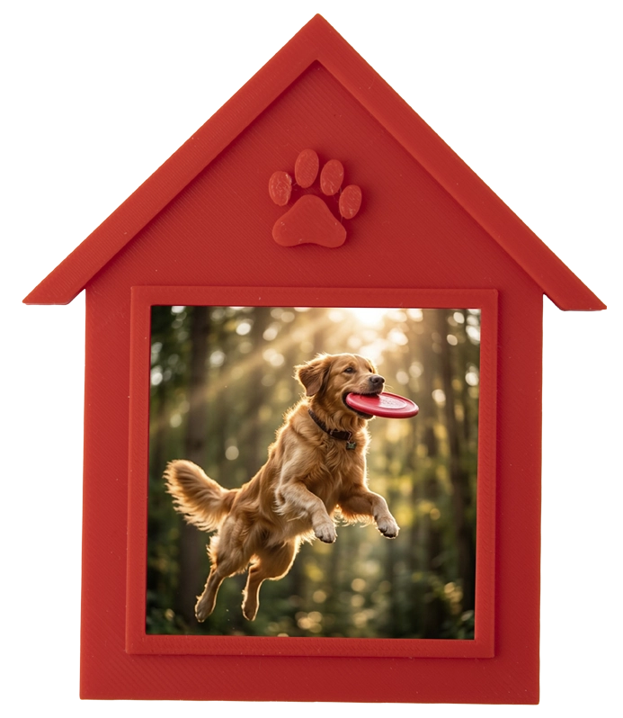 Marco rojo con forma de casa para exponer un imán personalizado con la foto de un perro