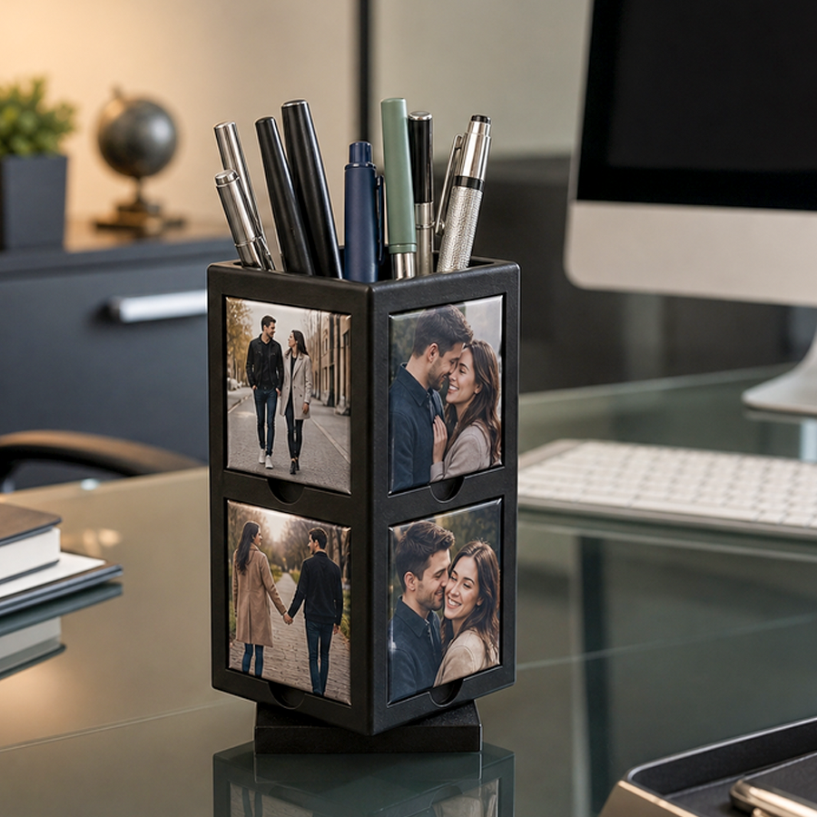 Portalápices negro con cuatro imanes personalizados de una pareja
